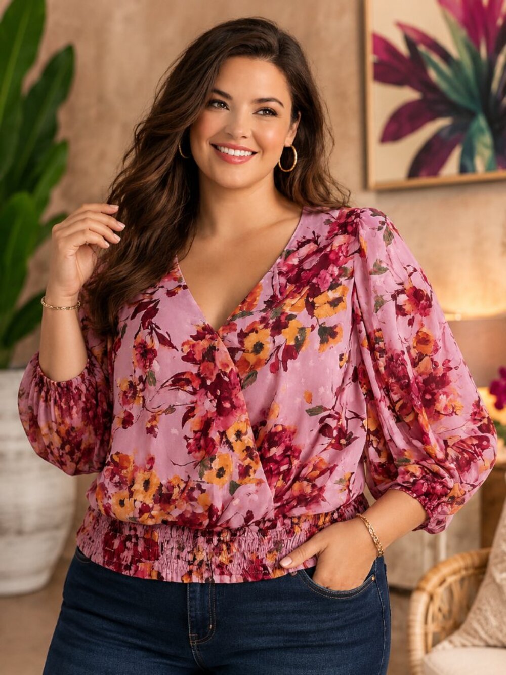 MSK Women Plus Size Floral Metallic Smocked Blouse Pink Orange Purple 1X NWT